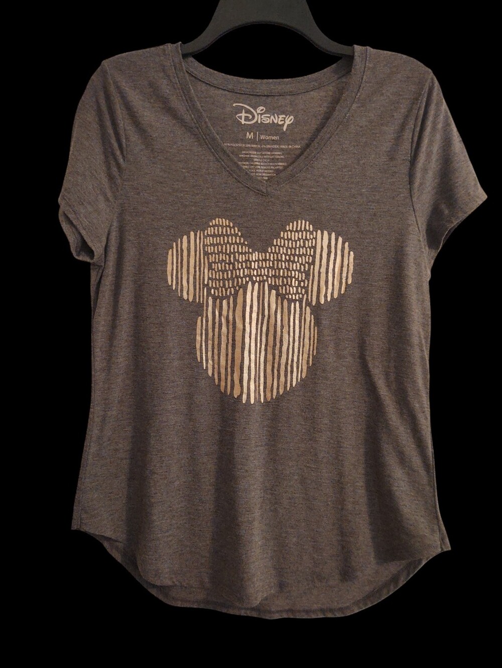 Apt 9 Disney Charcoal Gray V-Neck Tee with Rose Gold Minnie Stripe Graphic M